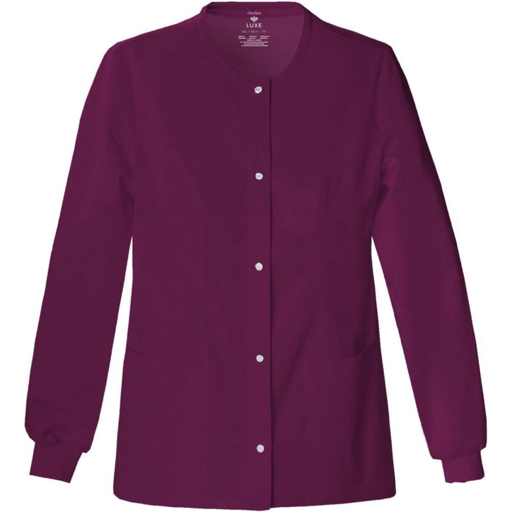 imageCherokee Luxe Women Warm Up Scrubs Jacket Snap Front 1330Wine