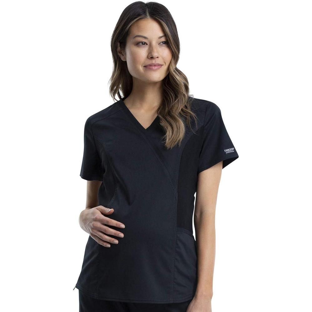 imageCherokee Maternity Scrub Top Mock Wrap with 2 Pockets Breathable and 2Way Stretch Fabric WW688Black
