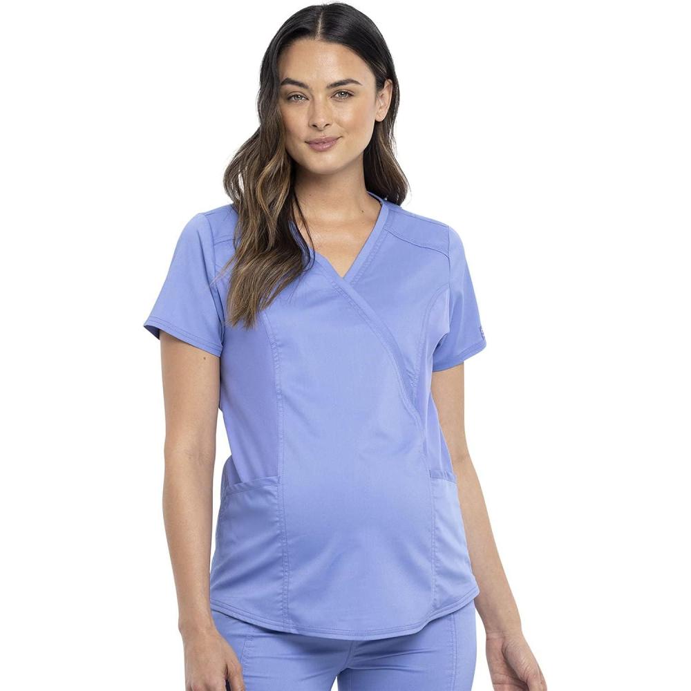 imageCherokee Maternity Scrub Top Mock Wrap with 2 Pockets Breathable and 2Way Stretch Fabric WW688Ciel