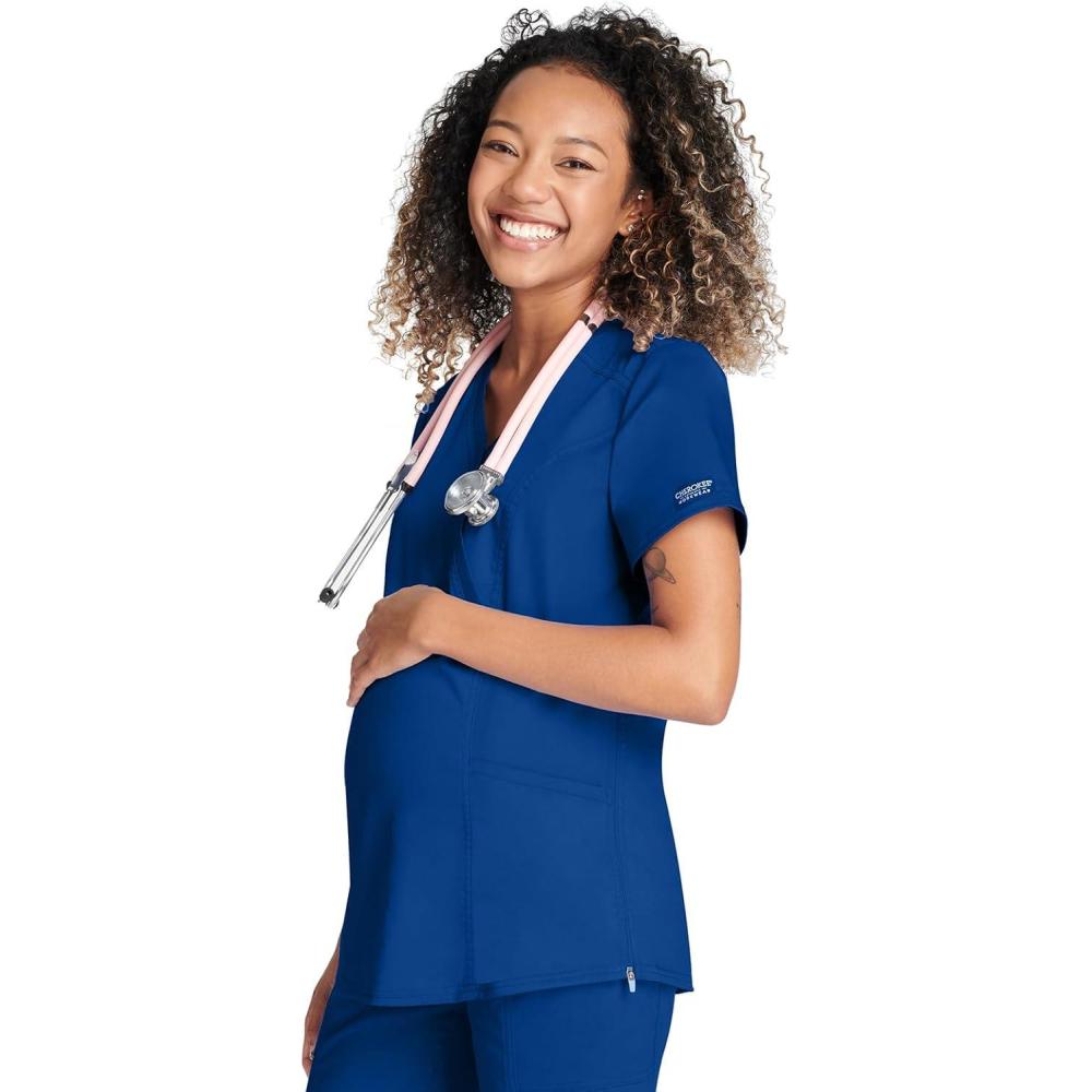 imageCherokee Maternity Scrub Top Mock Wrap with 2 Pockets Breathable and 2Way Stretch Fabric WW688Galaxy Blue