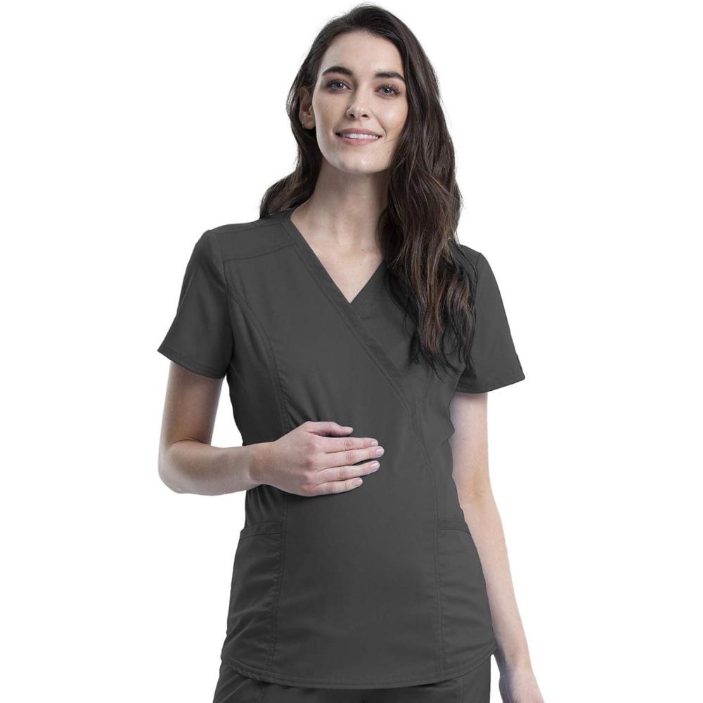 imageCherokee Maternity Scrub Top Mock Wrap with 2 Pockets Breathable and 2Way Stretch Fabric WW688Pewter