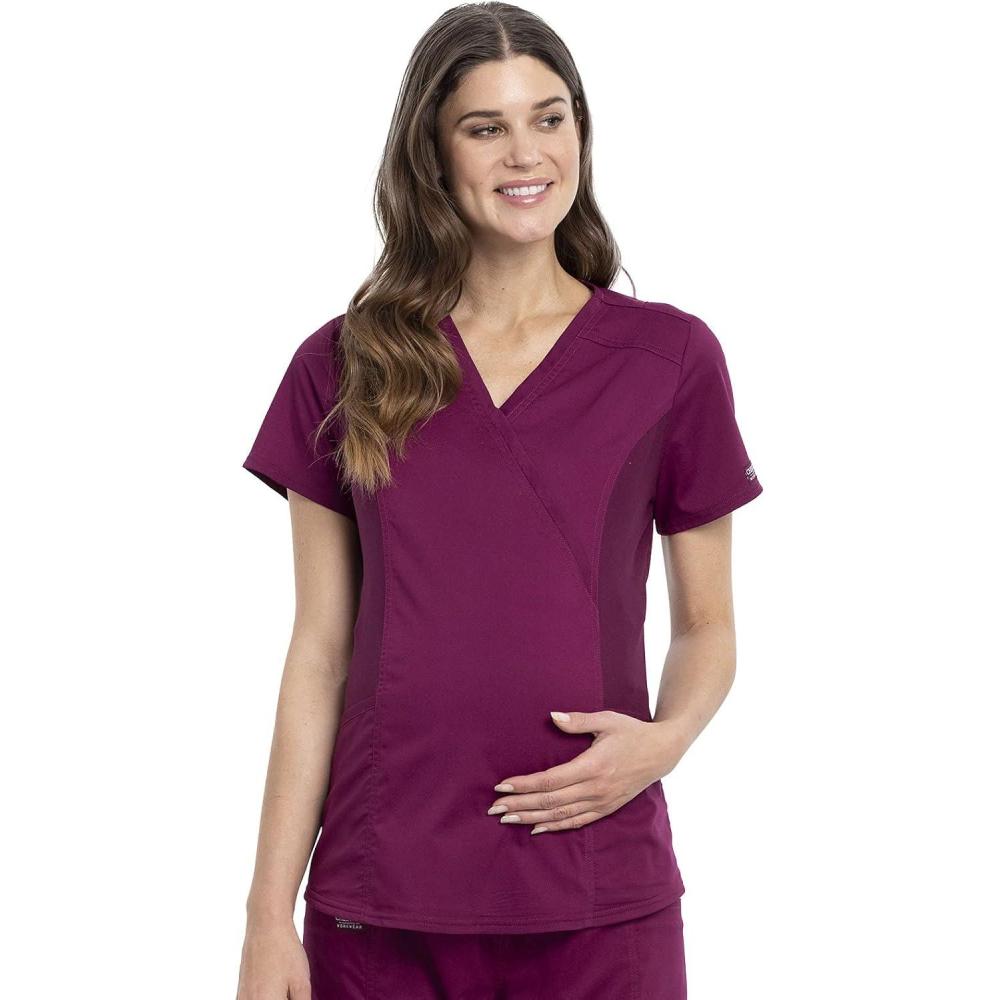 imageCherokee Maternity Scrub Top Mock Wrap with 2 Pockets Breathable and 2Way Stretch Fabric WW688Wine