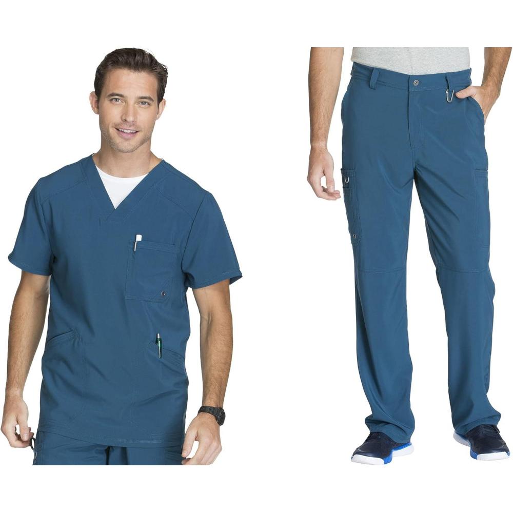 imageCherokee Men Scrubs Set Modern Fit VNeck Scrub Tops CK900A and Tapered Leg Drawstring Scrub Pants CK200ACaribbean Blue