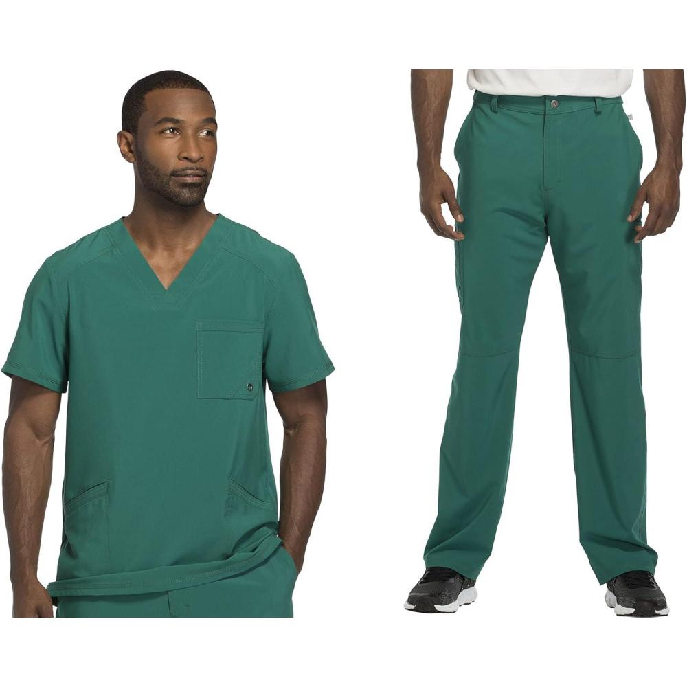 imageCherokee Men Scrubs Set Modern Fit VNeck Scrub Tops CK900A and Tapered Leg Drawstring Scrub Pants CK200AHunter Green