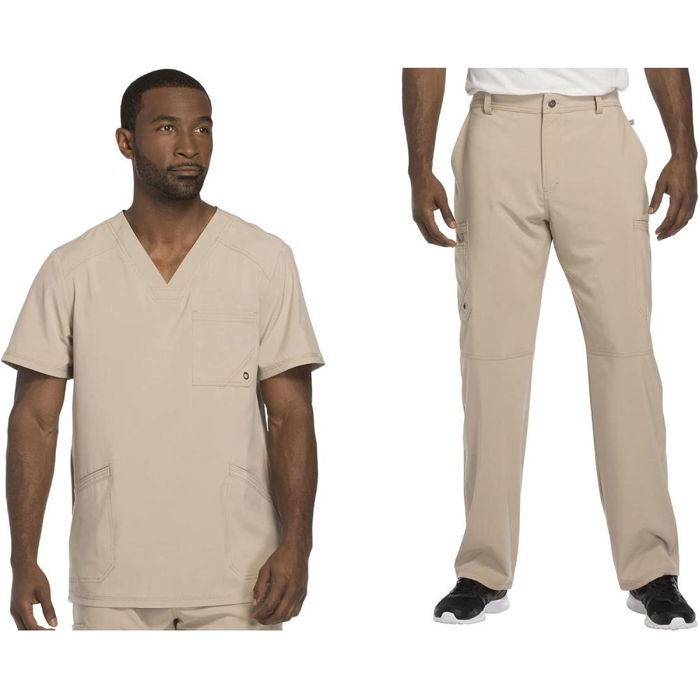 imageCherokee Men Scrubs Set Modern Fit VNeck Scrub Tops CK900A and Tapered Leg Drawstring Scrub Pants CK200AKhaki