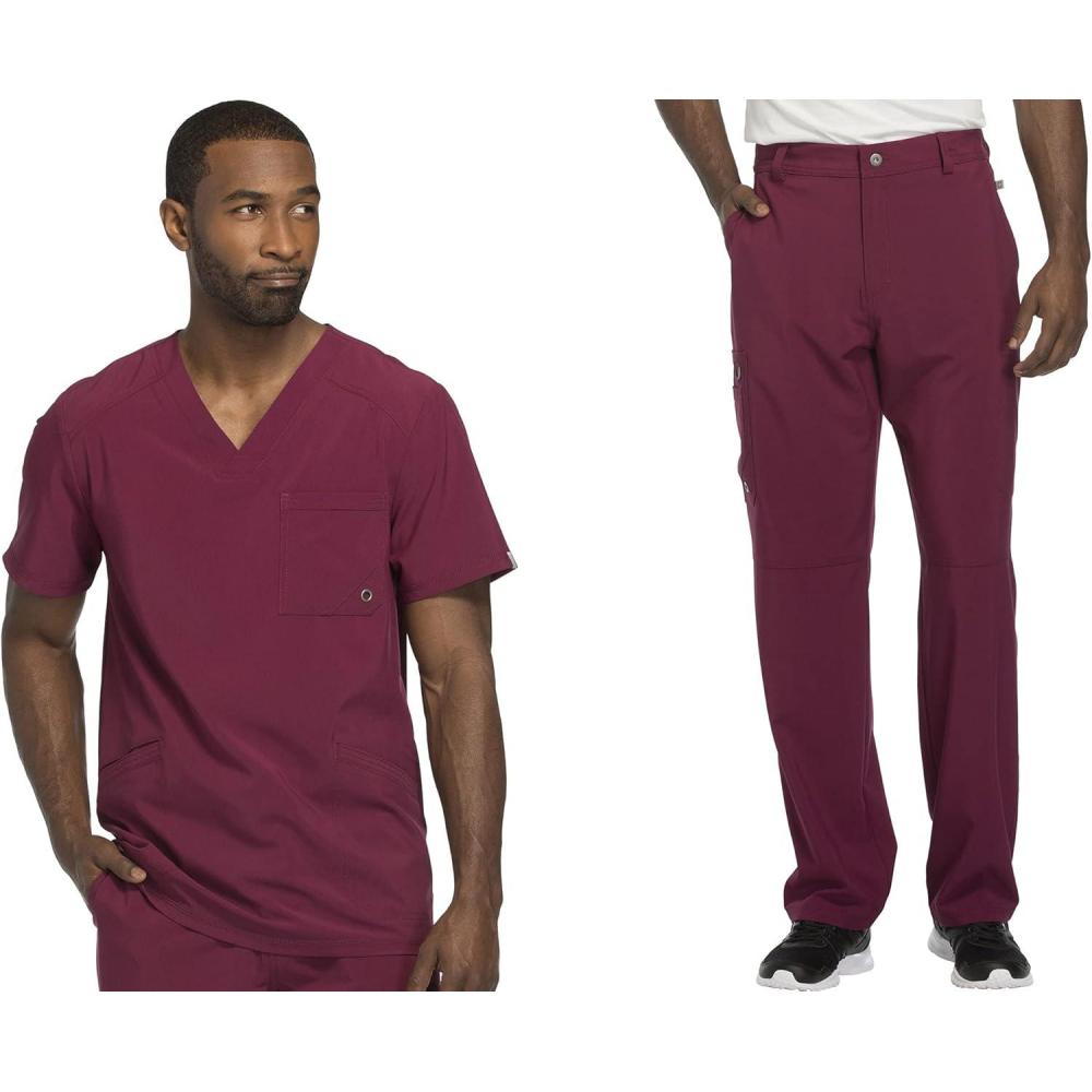 imageCherokee Men Scrubs Set Modern Fit VNeck Scrub Tops CK900A and Tapered Leg Drawstring Scrub Pants CK200AWine