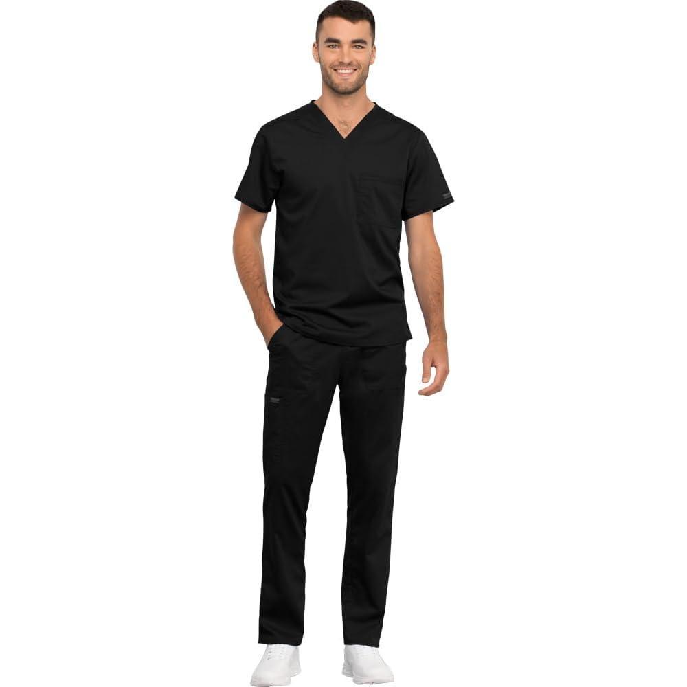 imageCherokee Men and Women Scrub Set Tuckable VNeck Top WW625 with Tapered Leg Drawstring Pant WW020Black