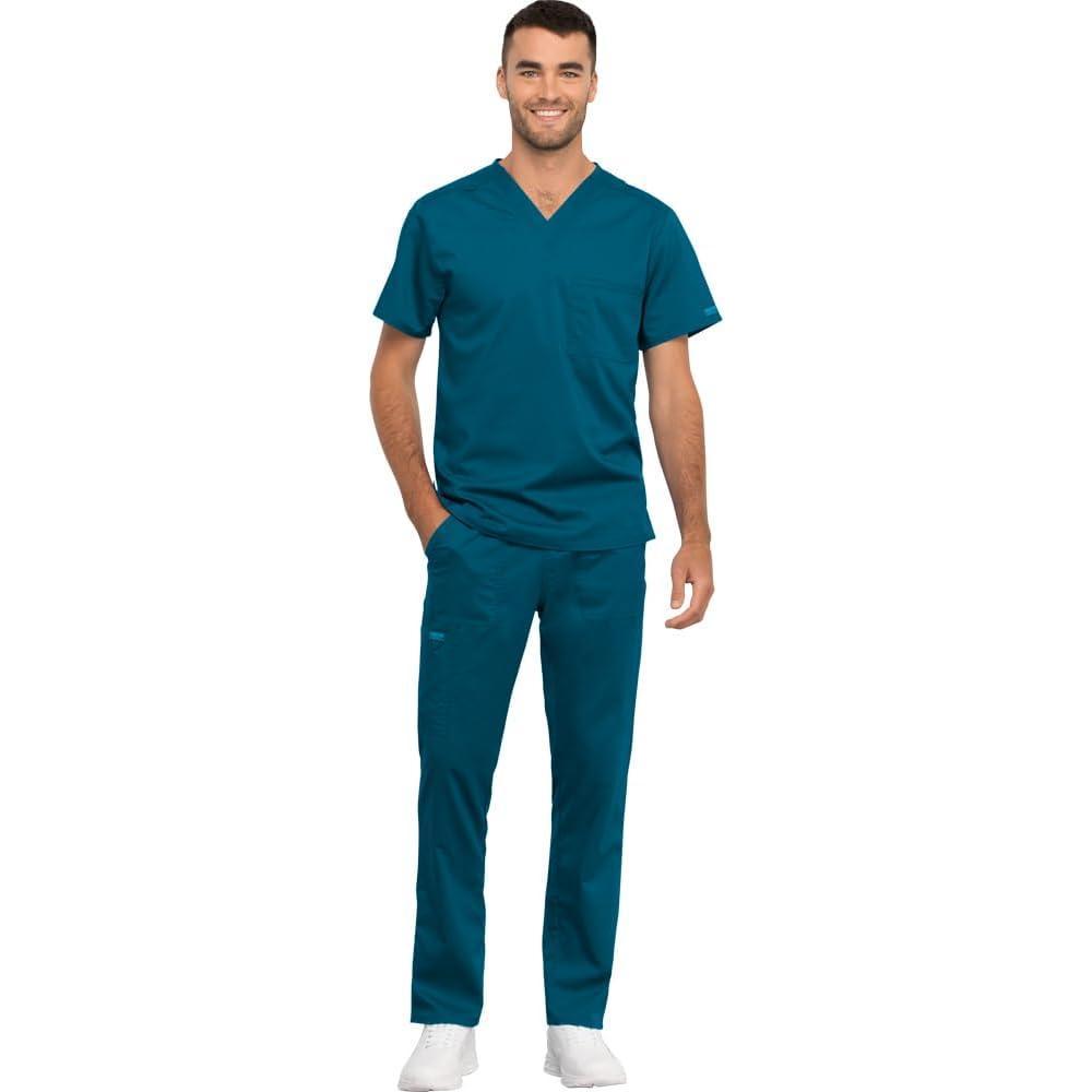 imageCherokee Men and Women Scrub Set Tuckable VNeck Top WW625 with Tapered Leg Drawstring Pant WW020Caribbean Blue