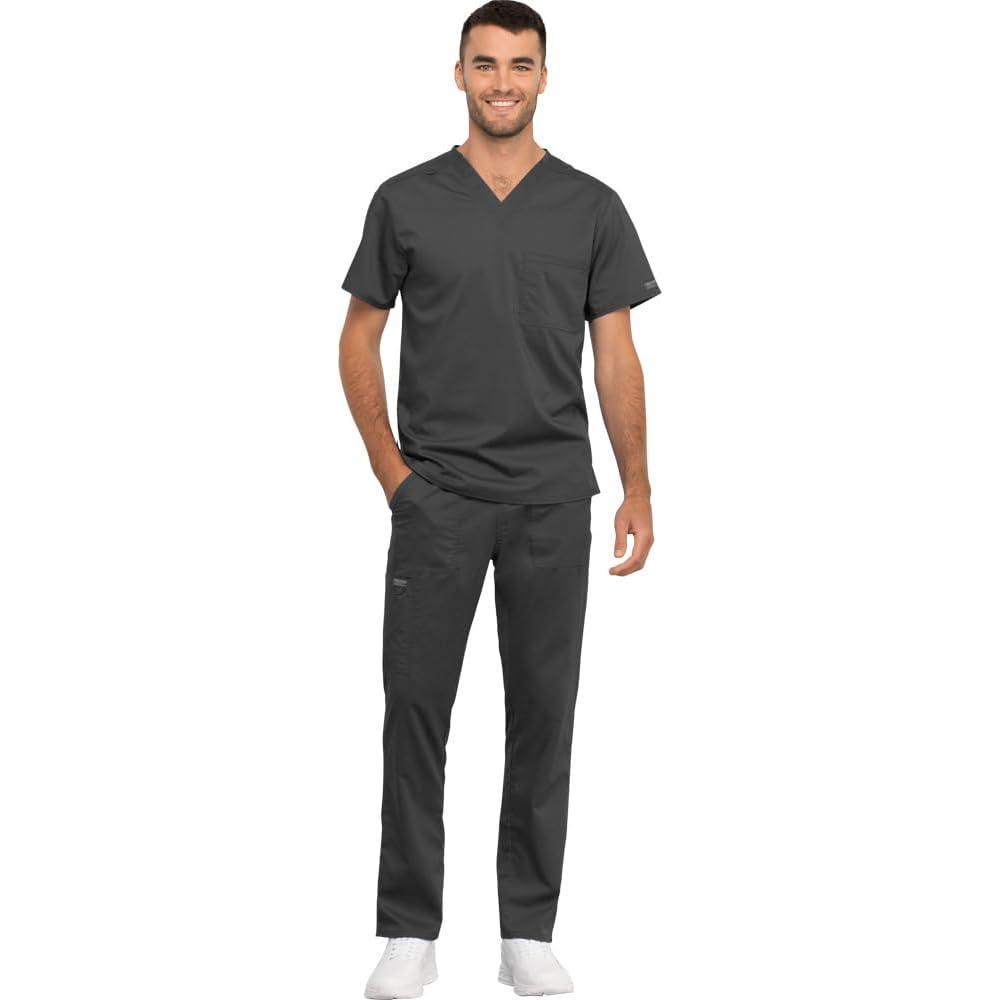 imageCherokee Men and Women Scrub Set Tuckable VNeck Top WW625 with Tapered Leg Drawstring Pant WW020Pewter