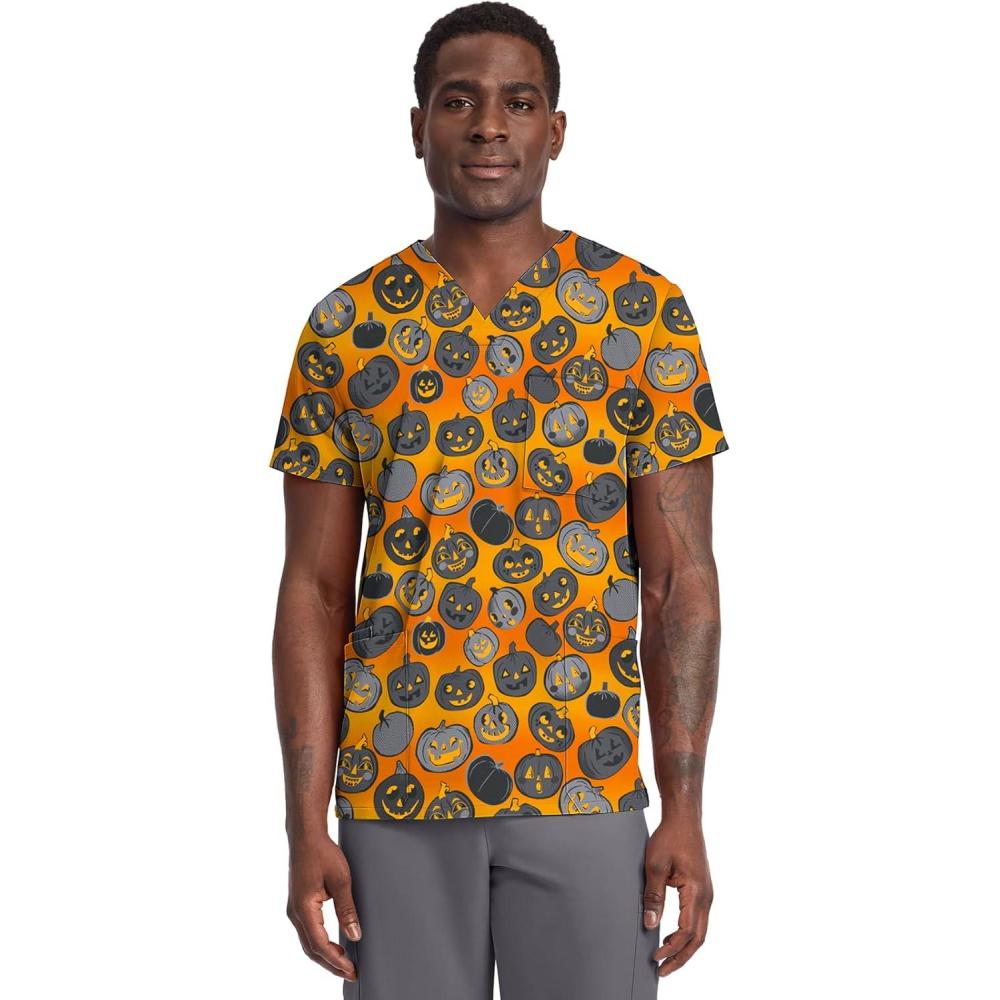 imageCherokee Men and Women VNeck Printed Top with 4 Pockets amp Center Back Length 28 CK691Happy Pumpkins