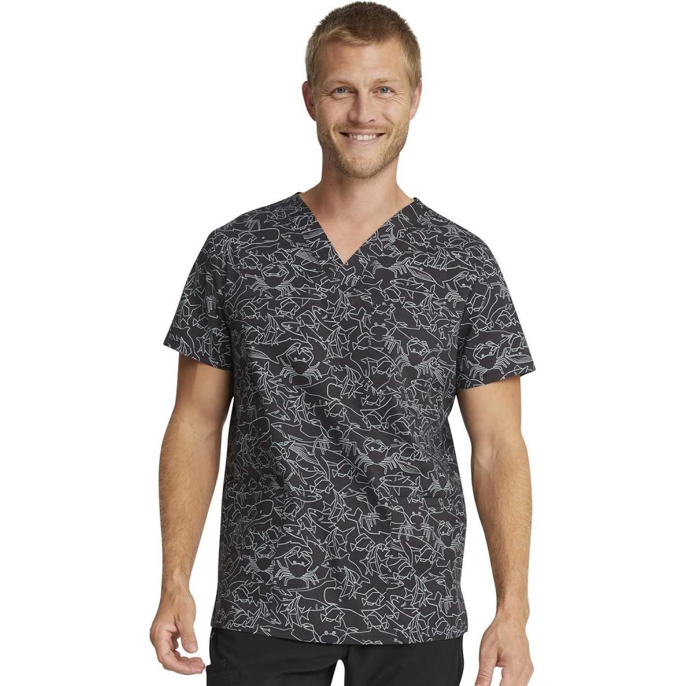 imageCherokee Men and Women VNeck Printed Top with 4 Pockets amp Center Back Length 28 CK691Sea Sketch