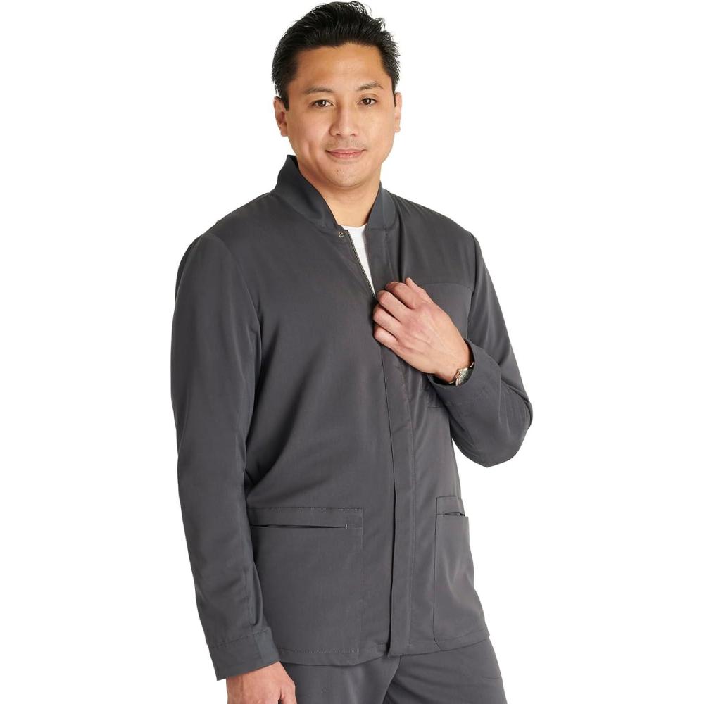 imageCherokee Mens Scrub Jacket Zip Front StandUp Collar and Snap at The Neck Closure CK329APewter