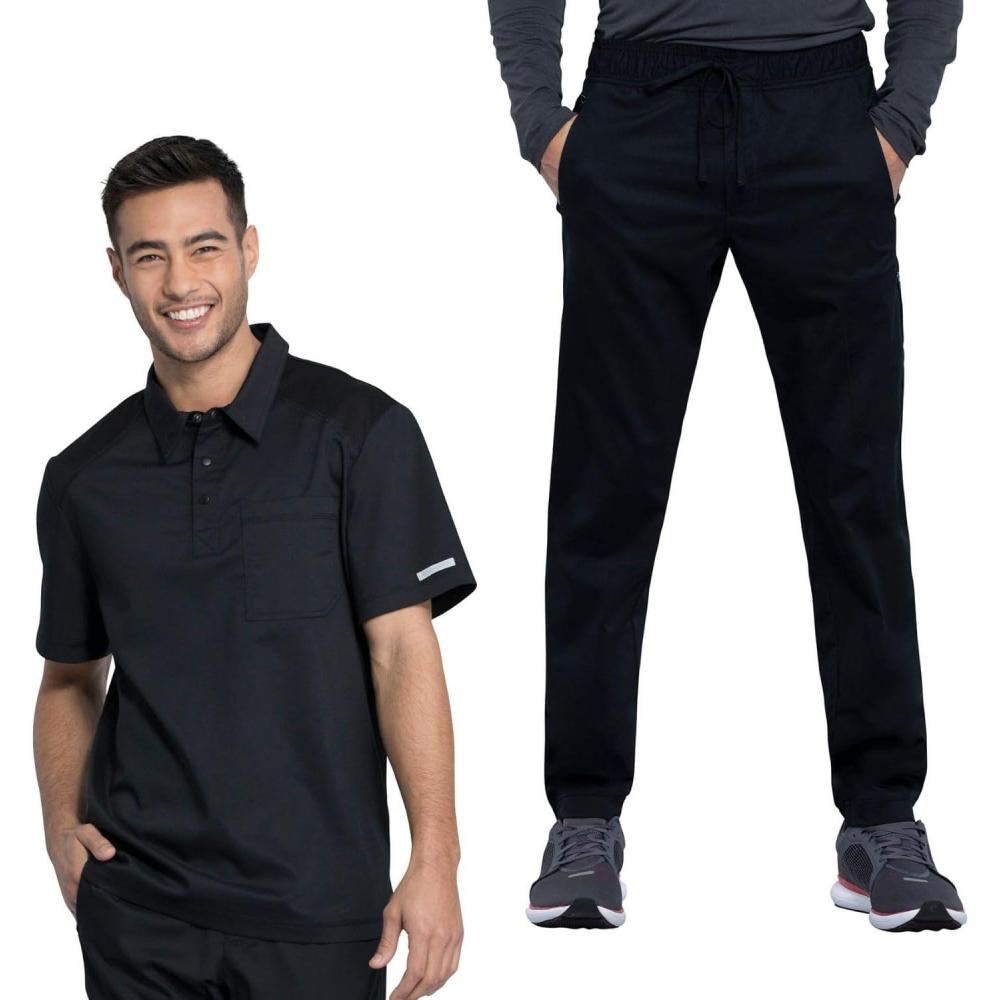 imageCherokee Mens Scrub Set Modern Fit Polo Shirt WW615 with Natural Rise Jogger WW012Black