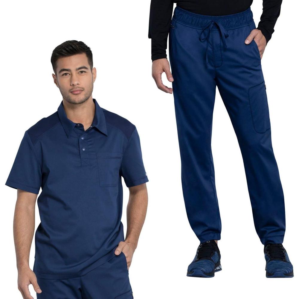 imageCherokee Mens Scrub Set Modern Fit Polo Shirt WW615 with Natural Rise Jogger WW012Navy