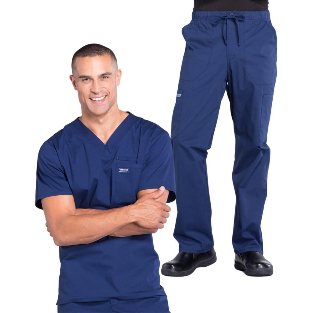 imageCherokee Mens Scrub Set Traditional Fit VNeck Top WW675 with Tapered Leg Fly Front Cargo Pant WW190 Navy M TopM Pant