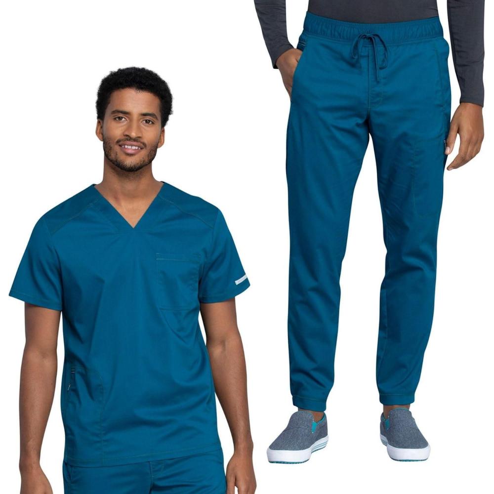 imageCherokee Mens Scrub Set VNeck Scrub Top Modern fit WW603 with Natural Rise Jogger Scrub Pants Drawstring Waistband WW012Caribbean Blue