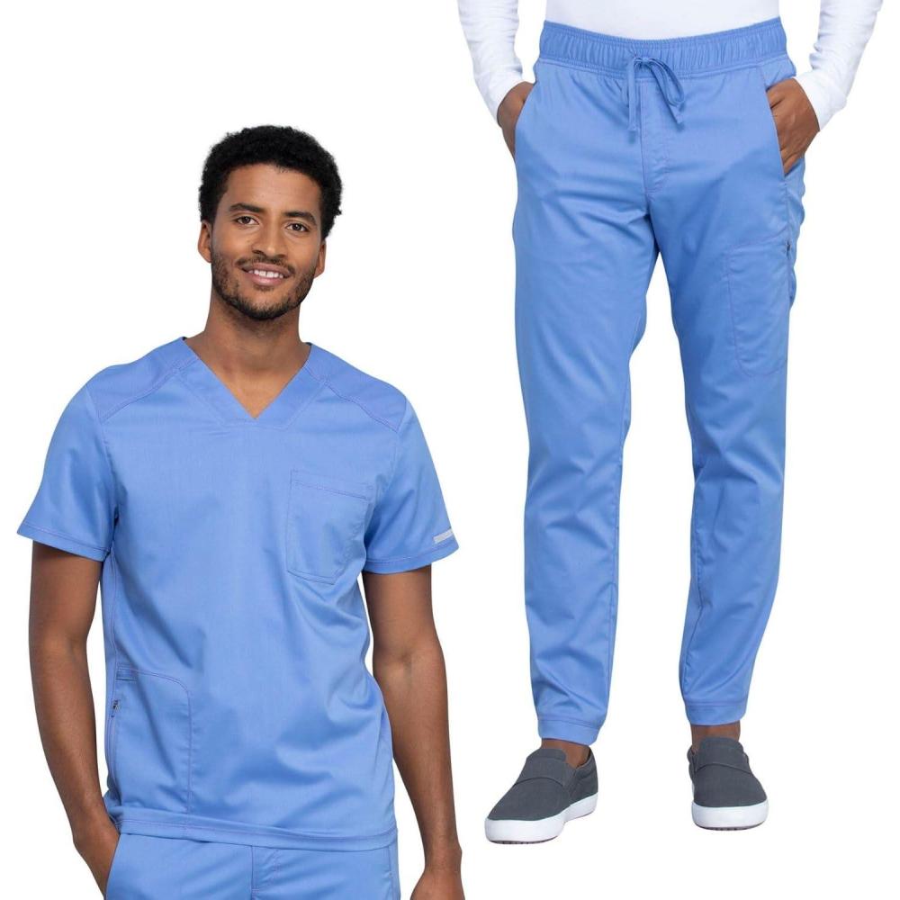 imageCherokee Mens Scrub Set VNeck Scrub Top Modern fit WW603 with Natural Rise Jogger Scrub Pants Drawstring Waistband WW012Ciel