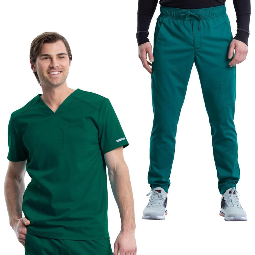 imageCherokee Mens Scrub Set VNeck Scrub Top Modern fit WW603 with Natural Rise Jogger Scrub Pants Drawstring Waistband WW012Hunter Green