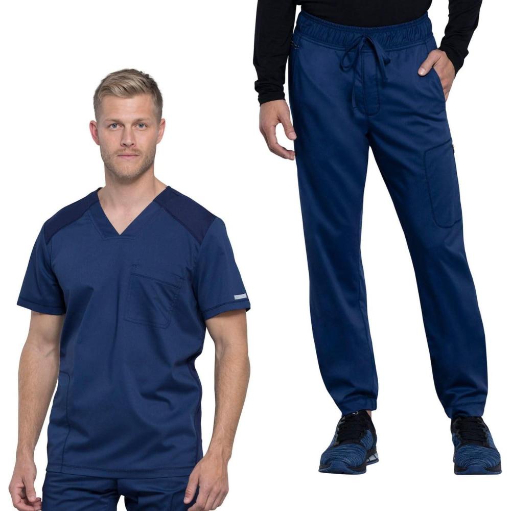 imageCherokee Mens Scrub Set VNeck Scrub Top Modern fit WW603 with Natural Rise Jogger Scrub Pants Drawstring Waistband WW012Navy