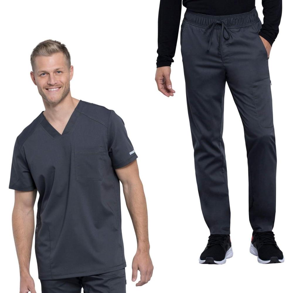 imageCherokee Mens Scrub Set VNeck Scrub Top Modern fit WW603 with Natural Rise Jogger Scrub Pants Drawstring Waistband WW012Pewter