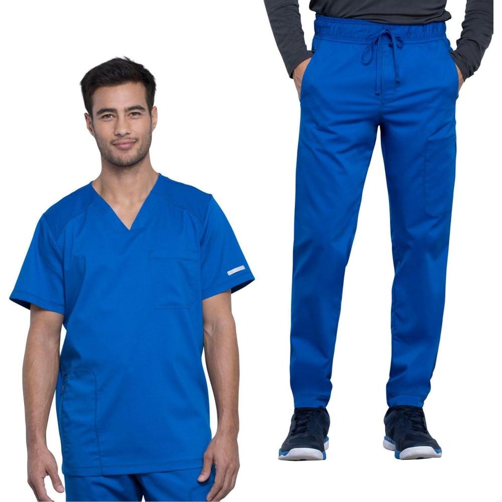 imageCherokee Mens Scrub Set VNeck Scrub Top Modern fit WW603 with Natural Rise Jogger Scrub Pants Drawstring Waistband WW012Royal