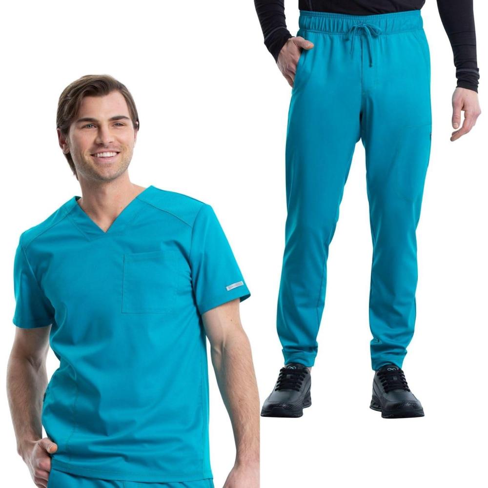 imageCherokee Mens Scrub Set VNeck Scrub Top Modern fit WW603 with Natural Rise Jogger Scrub Pants Drawstring Waistband WW012Teal Blue