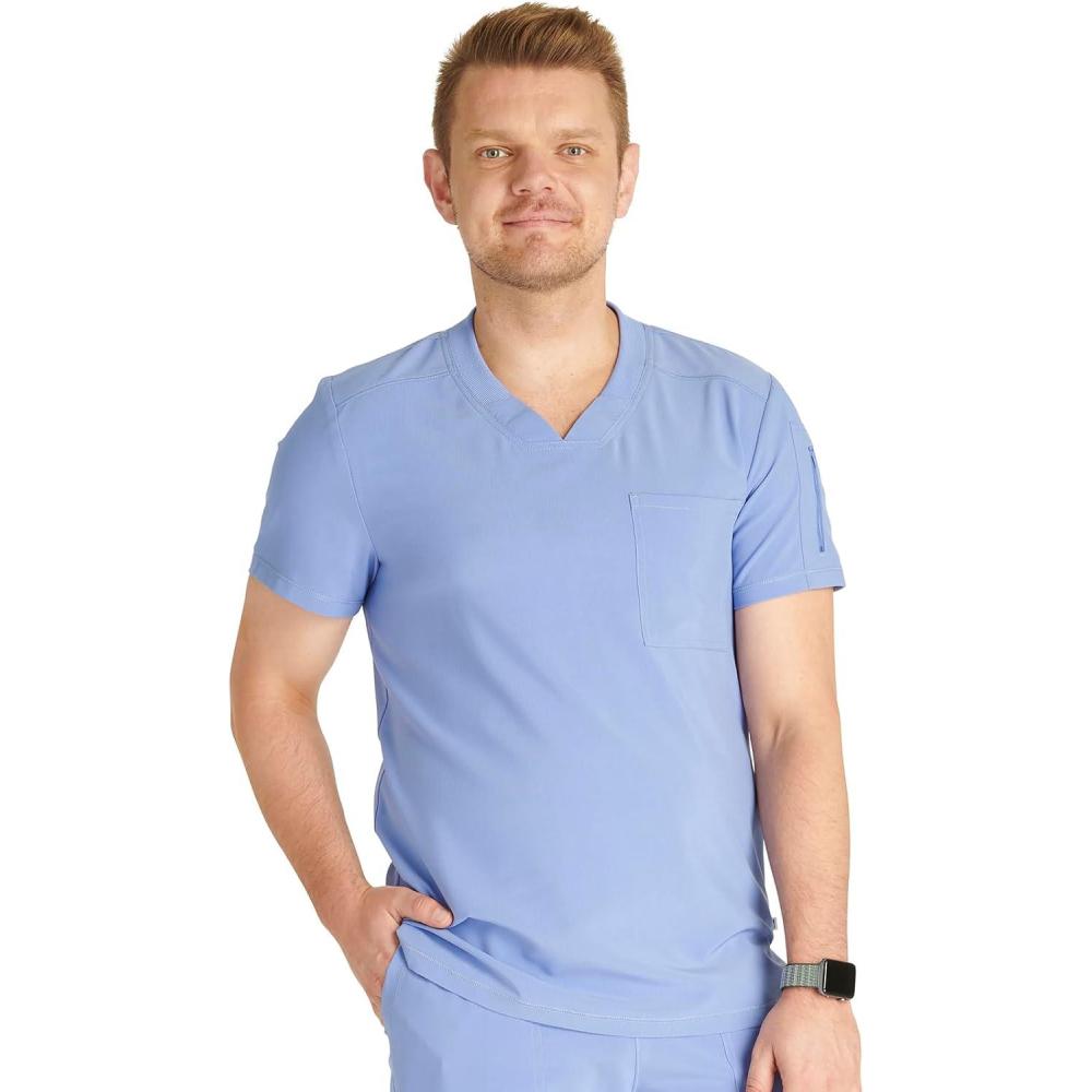 imageCherokee Mens VNeck Scrub Top Journey with 2 Pockets and Front and Back Yoke Seams and Side Vents CK824ACiel