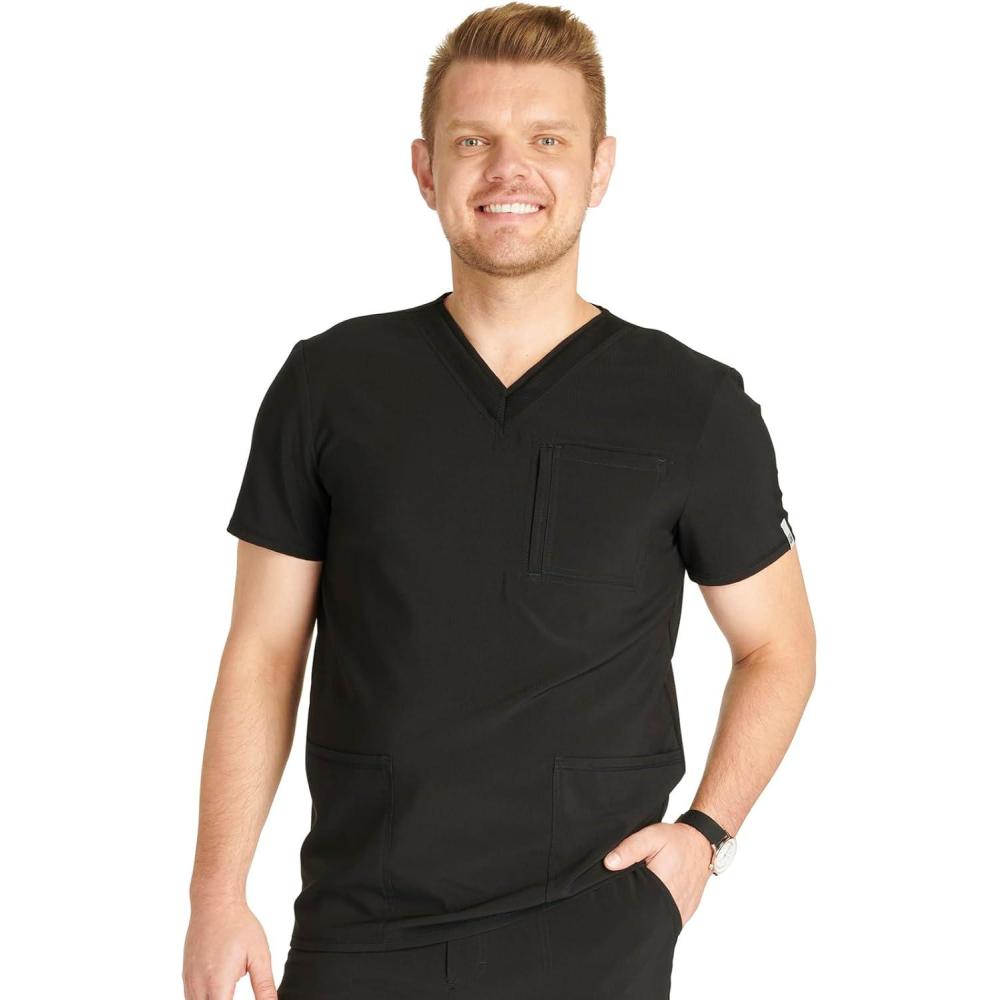 imageCherokee Mens VNeck Scrub Top with 4 Pockets and Back Yoke Seam CK752ABlack