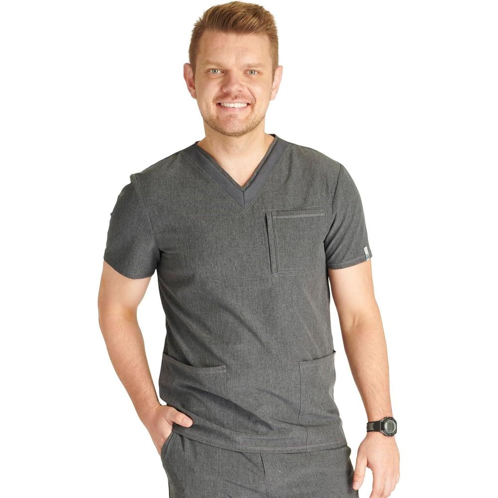 imageCherokee Mens VNeck Scrub Top with 4 Pockets and Back Yoke Seam CK752AHeather Pewter