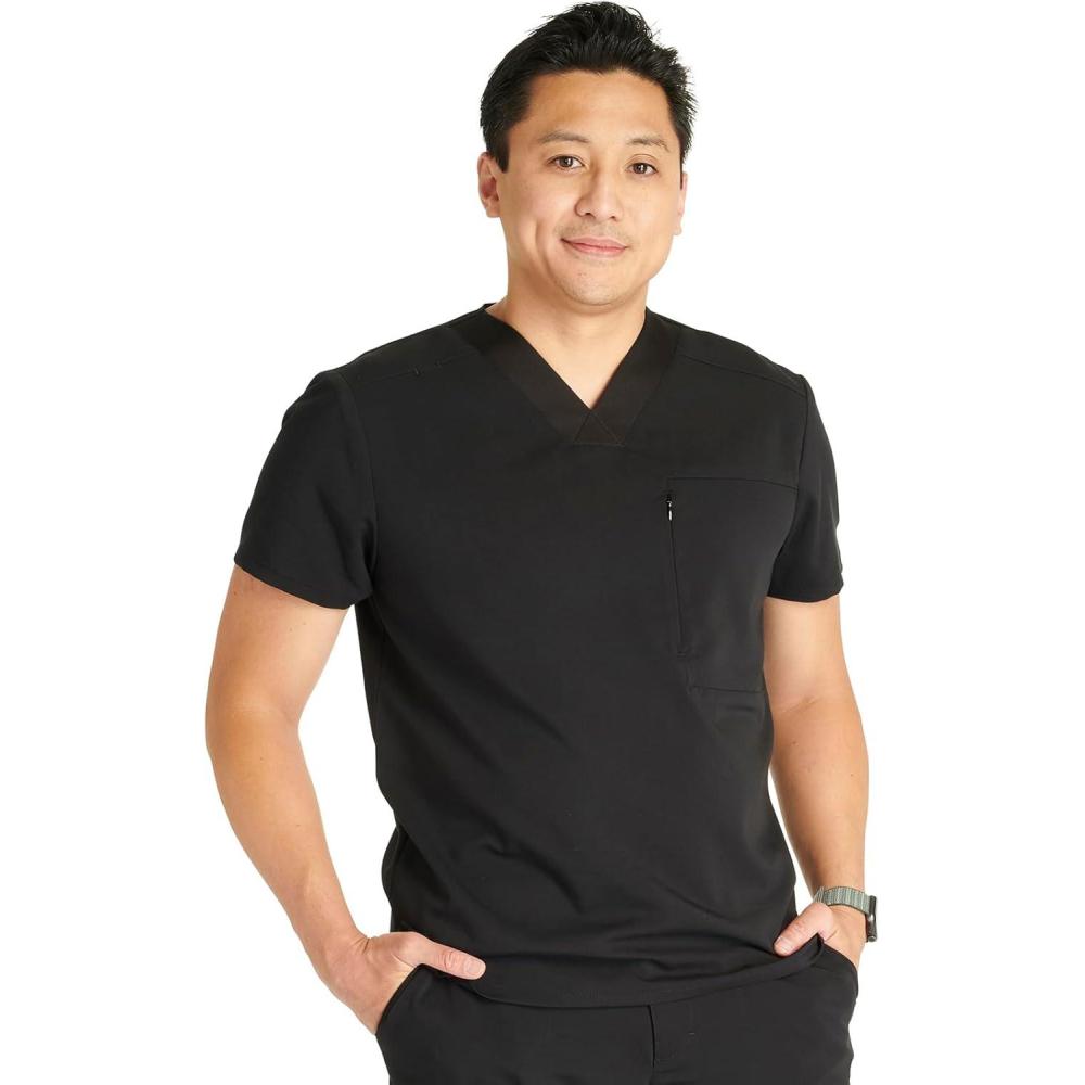 imageCherokee Mens VNeck Scrub Top with Front Neckline Yoke Seams and Zip Pocket CK718ABlack