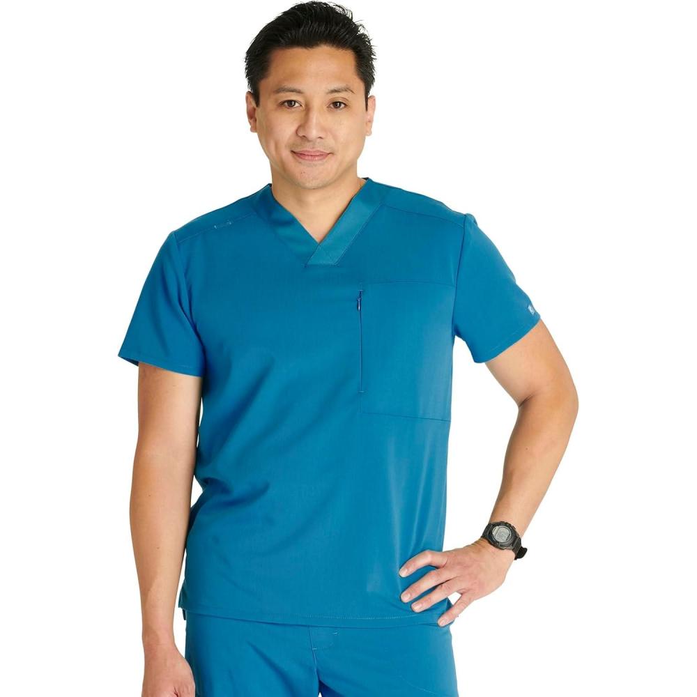 imageCherokee Mens VNeck Scrub Top with Front Neckline Yoke Seams and Zip Pocket CK718ACaribbean Blue