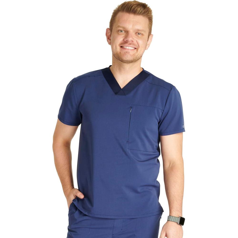 imageCherokee Mens VNeck Scrub Top with Front Neckline Yoke Seams and Zip Pocket CK718ANavy