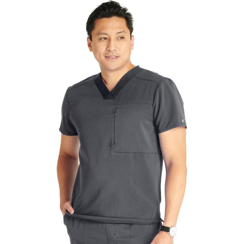 imageCherokee Mens VNeck Scrub Top with Front Neckline Yoke Seams and Zip Pocket CK718APewter