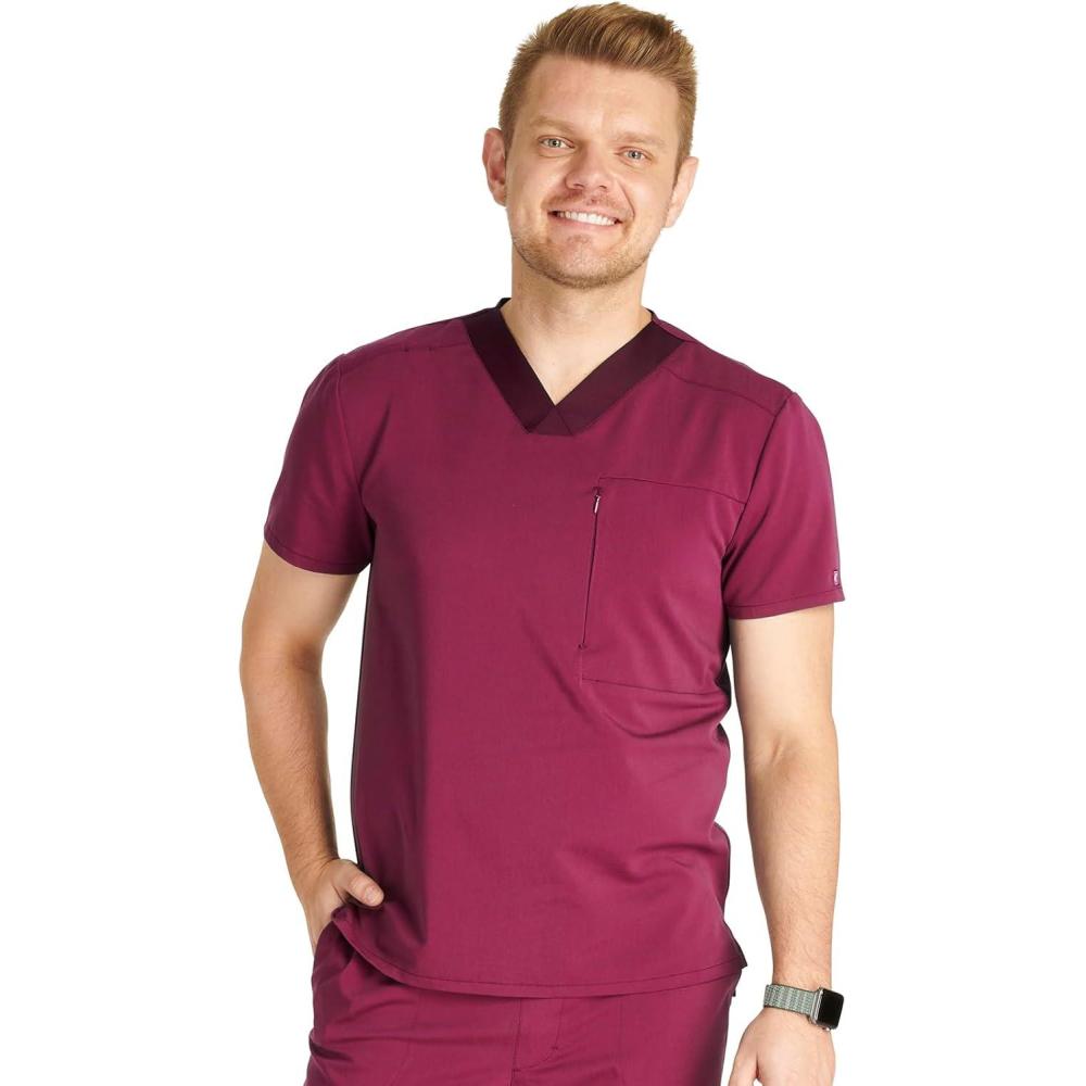 imageCherokee Mens VNeck Scrub Top with Front Neckline Yoke Seams and Zip Pocket CK718AWine