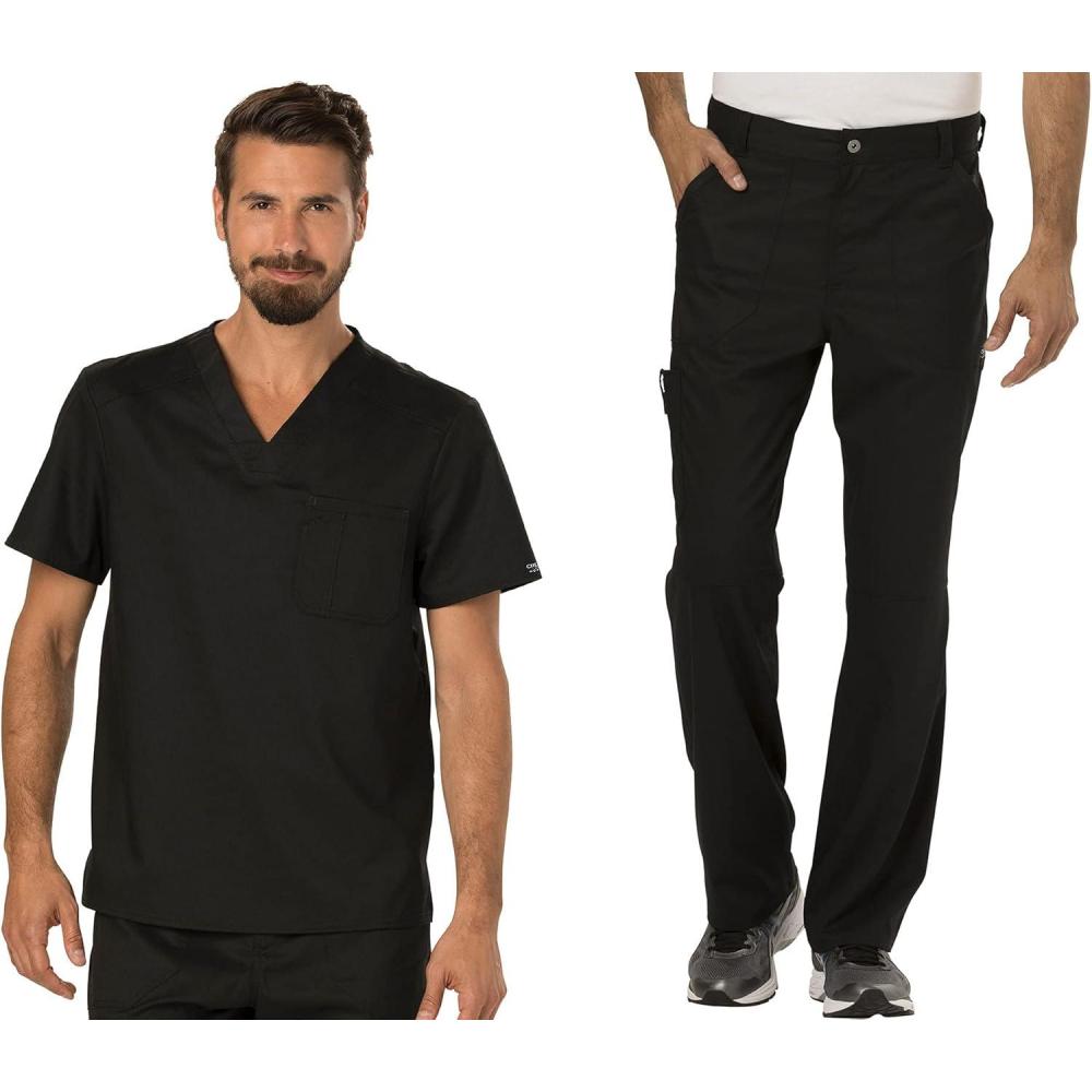 imageCherokee Premium Scrub Set for Men Modern Fit VNeck Top WW690 with Tapered Leg Button Closure amp Inside Drawstring Pant WW140Black