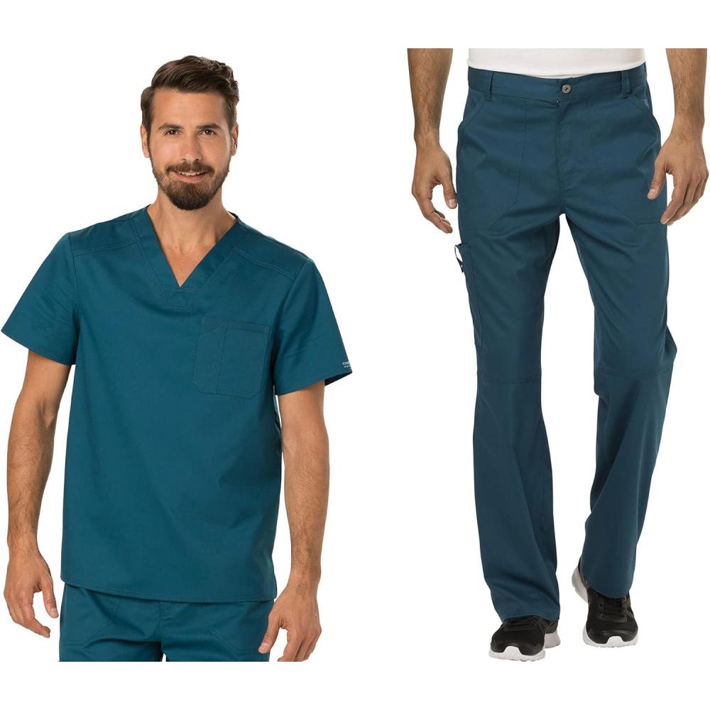 imageCherokee Premium Scrub Set for Men Modern Fit VNeck Top WW690 with Tapered Leg Button Closure amp Inside Drawstring Pant WW140Caribbean Blue