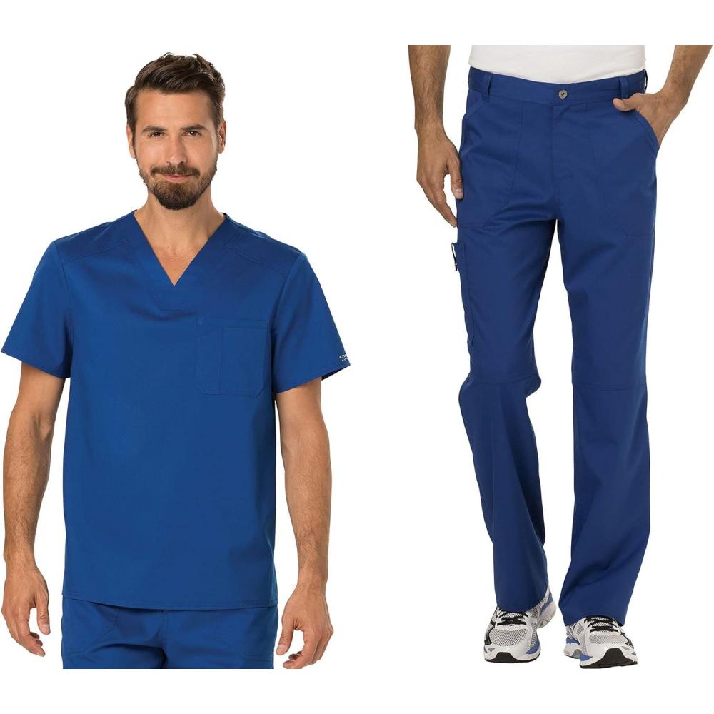 imageCherokee Premium Scrub Set for Men Modern Fit VNeck Top WW690 with Tapered Leg Button Closure amp Inside Drawstring Pant WW140Galaxy Blue