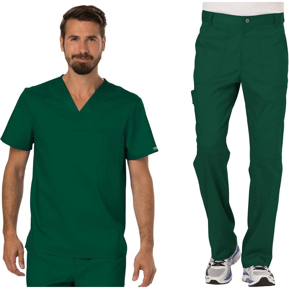 imageCherokee Premium Scrub Set for Men Modern Fit VNeck Top WW690 with Tapered Leg Button Closure amp Inside Drawstring Pant WW140Hunter Green