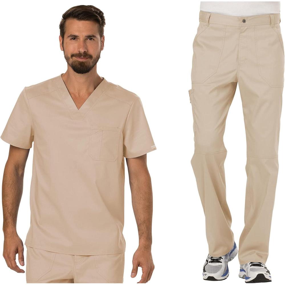 imageCherokee Premium Scrub Set for Men Modern Fit VNeck Top WW690 with Tapered Leg Button Closure amp Inside Drawstring Pant WW140Khaki