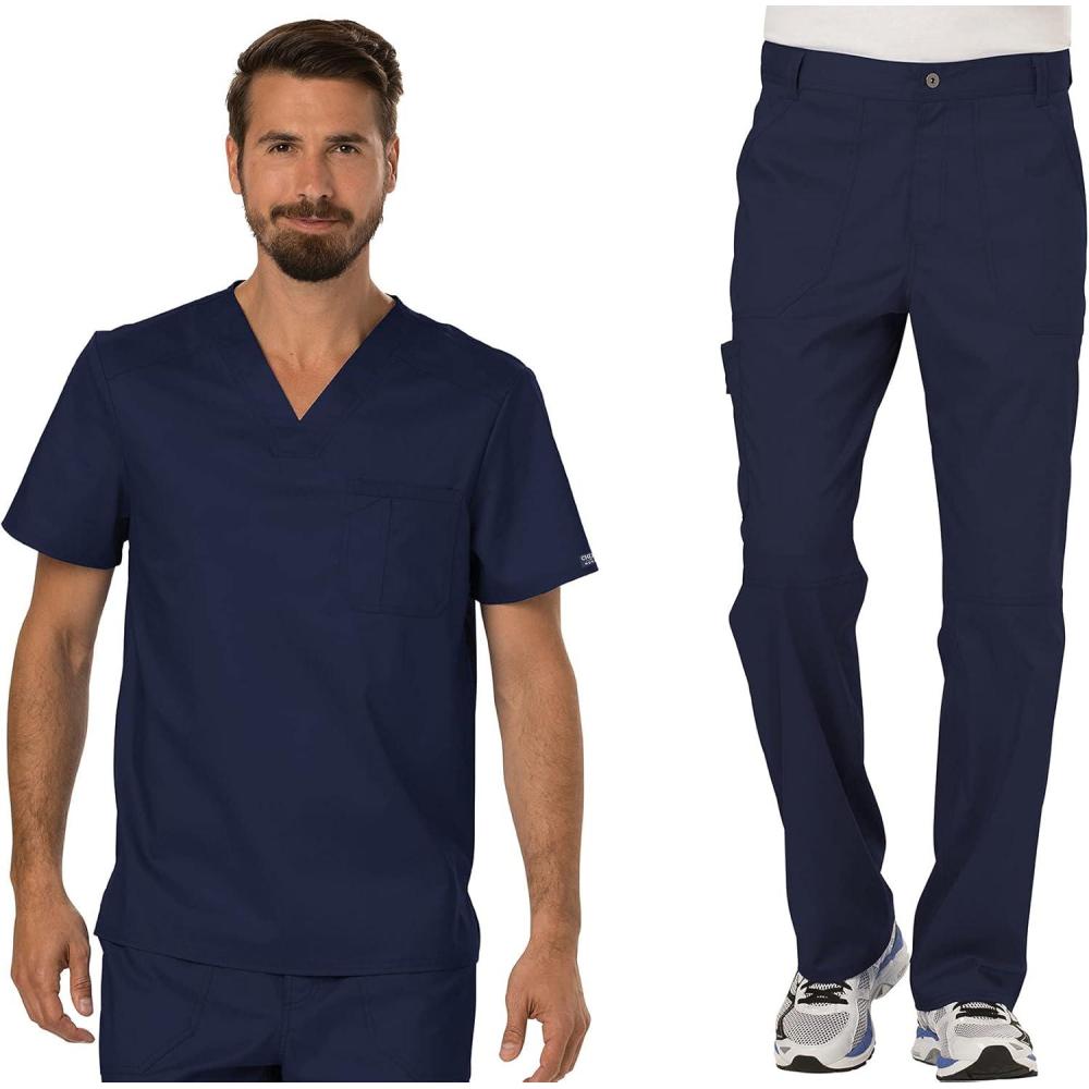 imageCherokee Premium Scrub Set for Men Modern Fit VNeck Top WW690 with Tapered Leg Button Closure amp Inside Drawstring Pant WW140Navy
