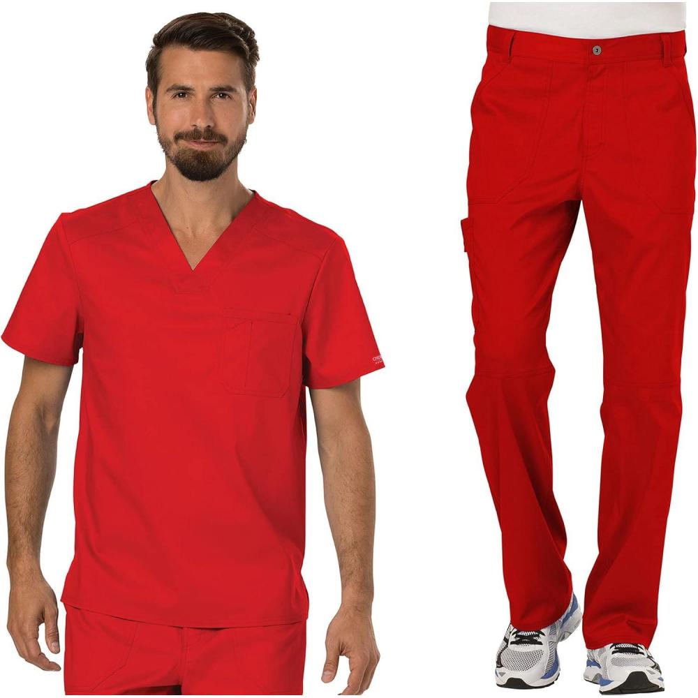 imageCherokee Premium Scrub Set for Men Modern Fit VNeck Top WW690 with Tapered Leg Button Closure amp Inside Drawstring Pant WW140Red