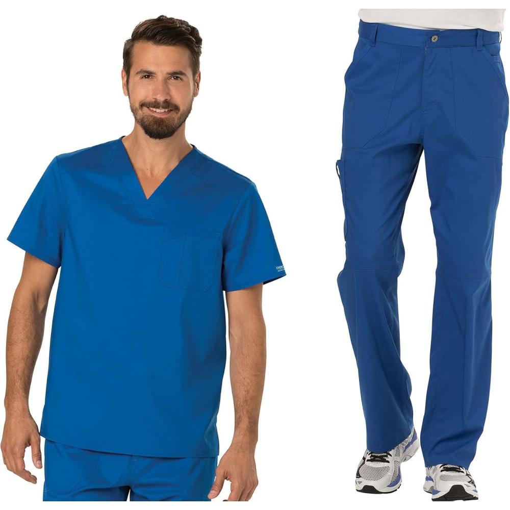 imageCherokee Premium Scrub Set for Men Modern Fit VNeck Top WW690 with Tapered Leg Button Closure amp Inside Drawstring Pant WW140Royal