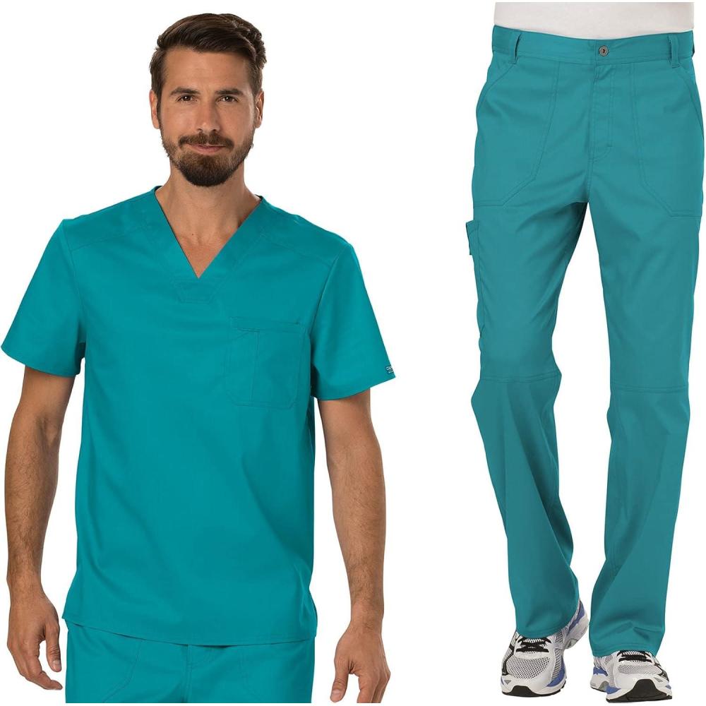 imageCherokee Premium Scrub Set for Men Modern Fit VNeck Top WW690 with Tapered Leg Button Closure amp Inside Drawstring Pant WW140Teal Blue