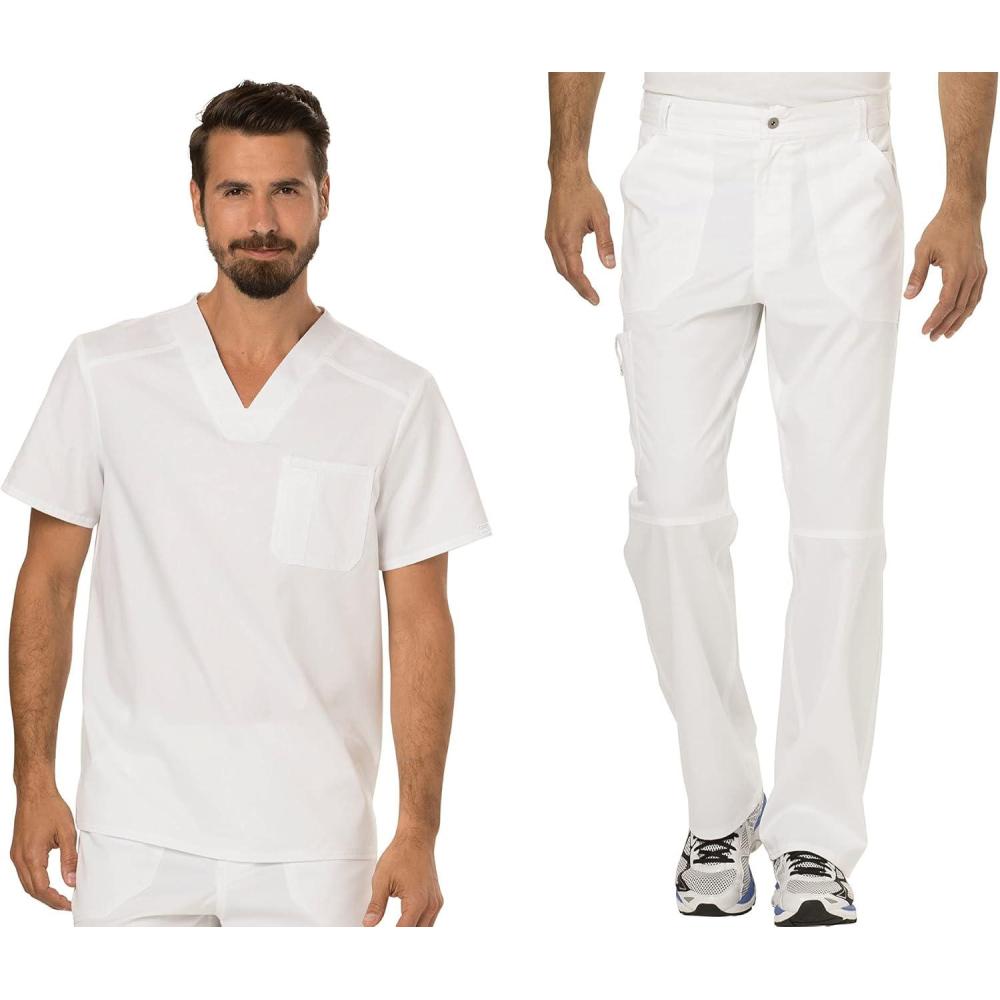 imageCherokee Premium Scrub Set for Men Modern Fit VNeck Top WW690 with Tapered Leg Button Closure amp Inside Drawstring Pant WW140White