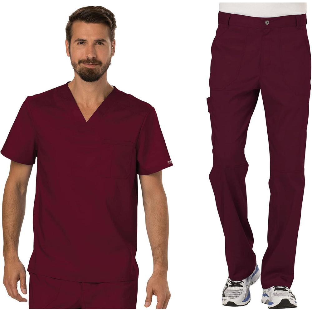 imageCherokee Premium Scrub Set for Men Modern Fit VNeck Top WW690 with Tapered Leg Button Closure amp Inside Drawstring Pant WW140Wine