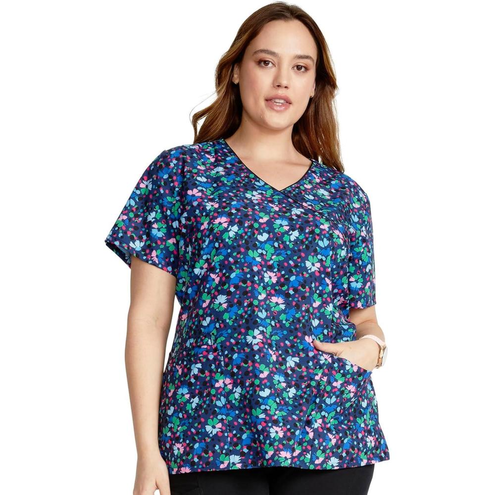 imageCherokee Prints Women Scrubs Top Mock Wrap Print CK688Confetti Daisies