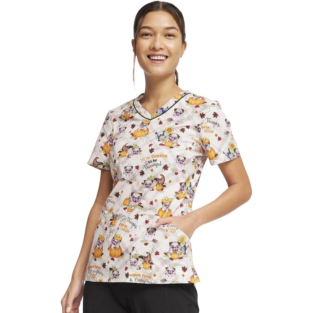 imageCherokee Prints Women Scrubs Top VNeck Print CK646Pugkin Spice Season