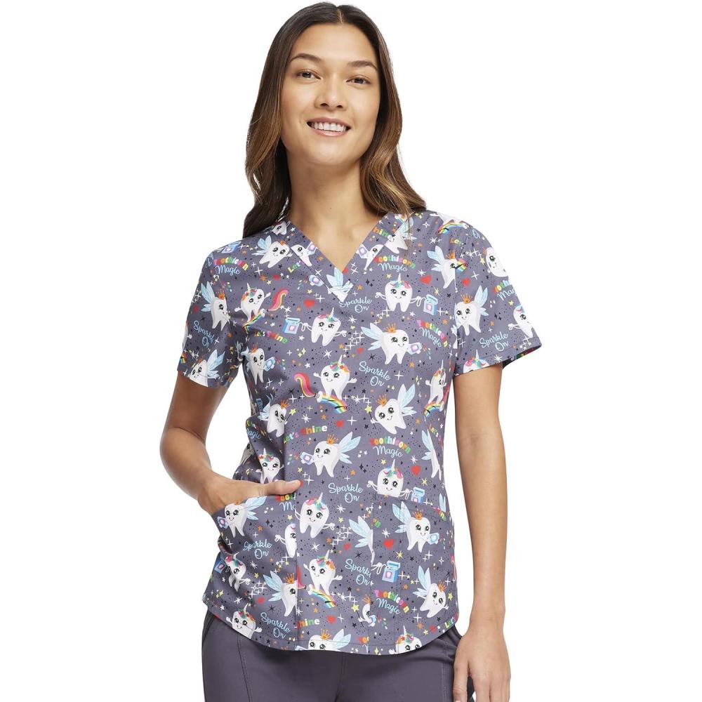 imageCherokee Prints Women Scrubs Top VNeck Print CK652Toothicorn Magic