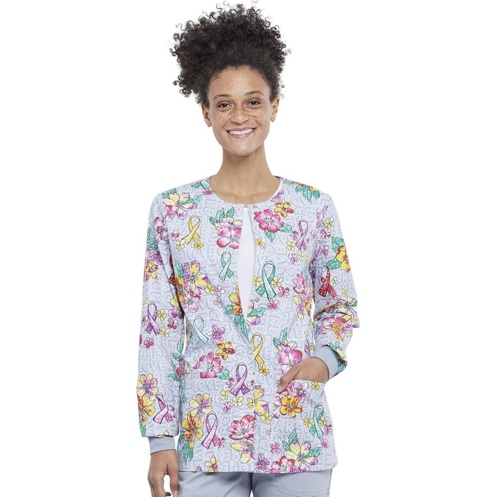 imageCherokee Prints Women Warm Up Scrubs Jacket Snap Front CK301Friendly Flowers