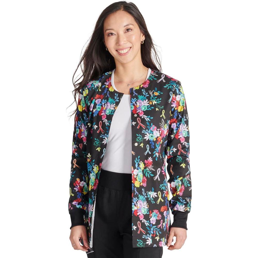 imageCherokee Prints Women Warm Up Scrubs Jacket Snap Front CK301Hopeful Bouquets